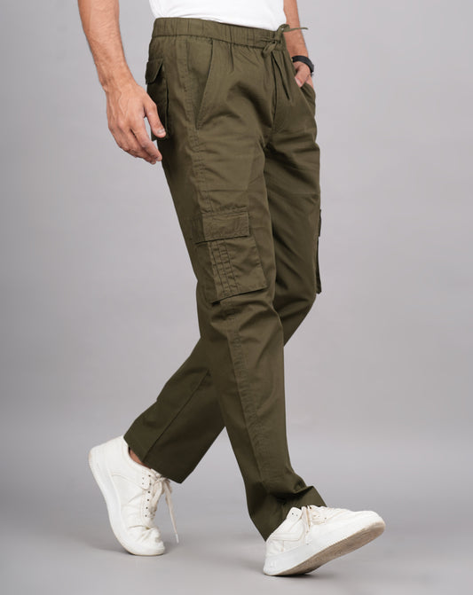 House of RP Men's Cotton Green Slim Fit Solid Cargos, Casual Trousers with Cargo Pockets | Swadesiicart