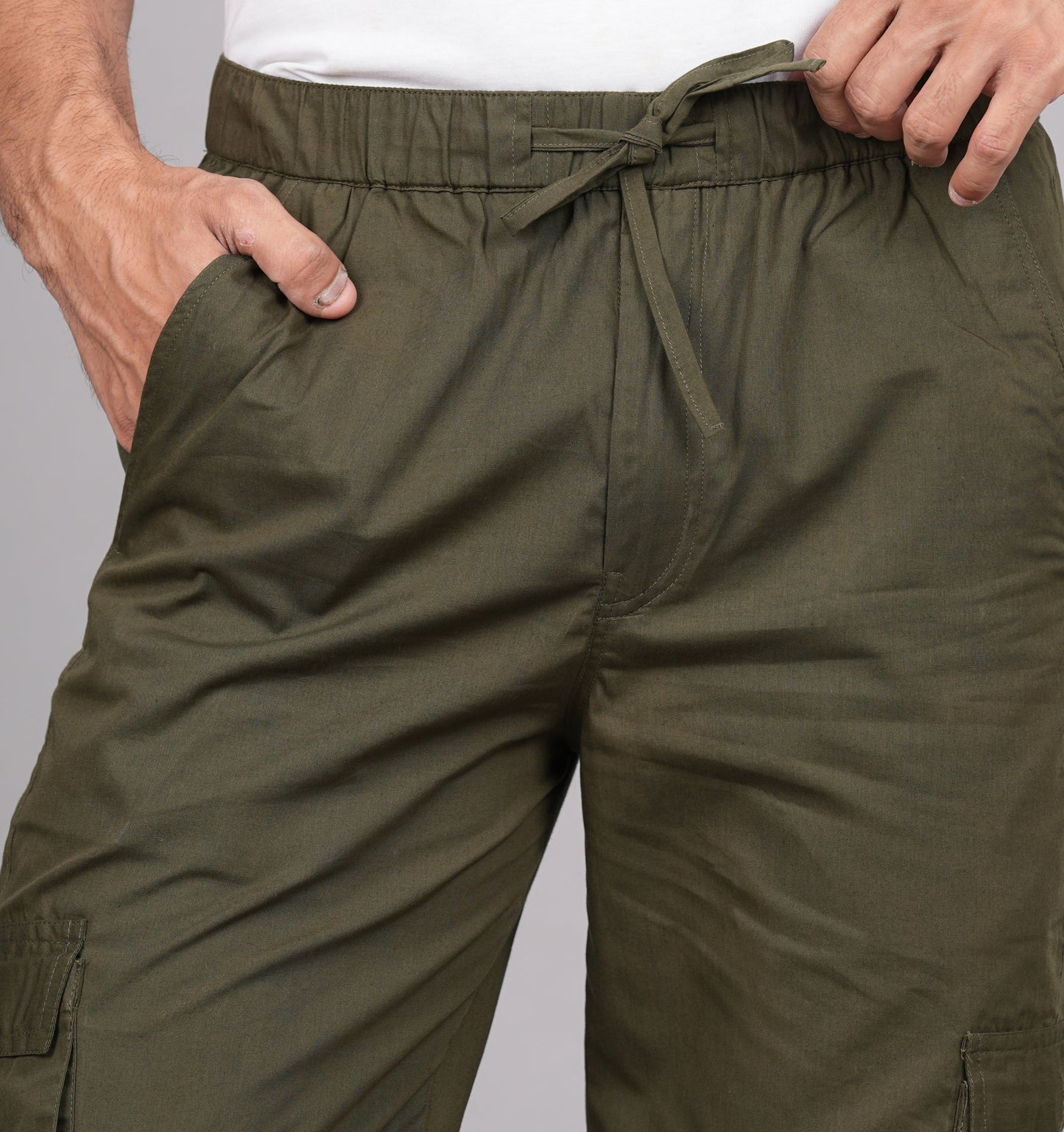House of RP Men's Cotton Green Slim Fit Solid Cargos, Casual Trousers with Cargo Pockets | Swadesiicart