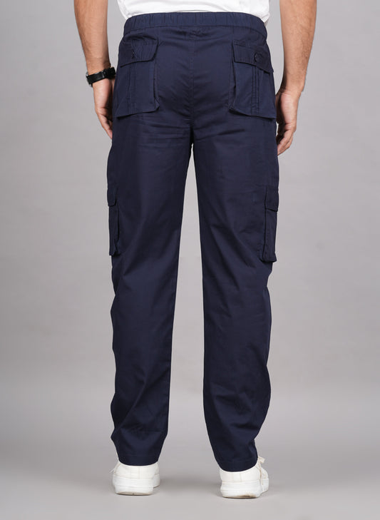 House of RP Men's Cotton Blue Slim Fit Solid Cargos, Casual Trousers with Cargo Pockets | Swadesiicart