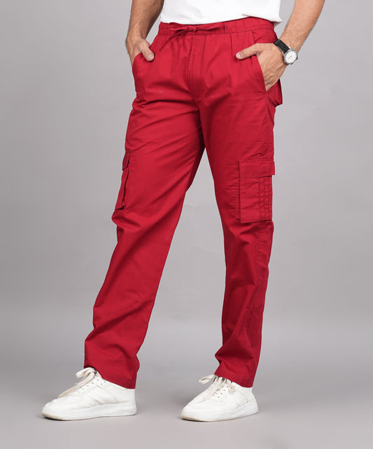 House of RP Men's Cotton Red Slim Fit Solid Cargos, Casual Trousers with Cargo Pockets | Swadesiicart