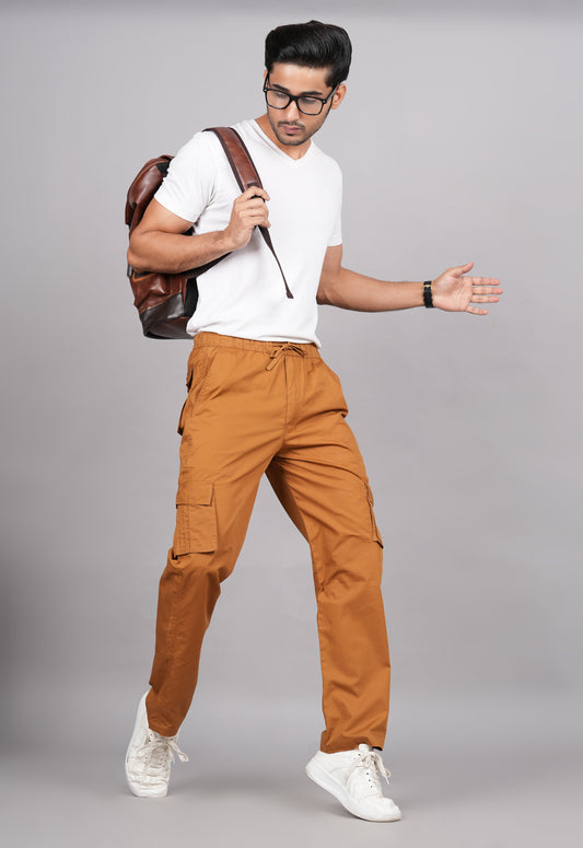 House of RP Men's Cotton Khaki Slim Fit Solid Cargos, Casual Trousers with Cargo Pockets | Swadesiicart