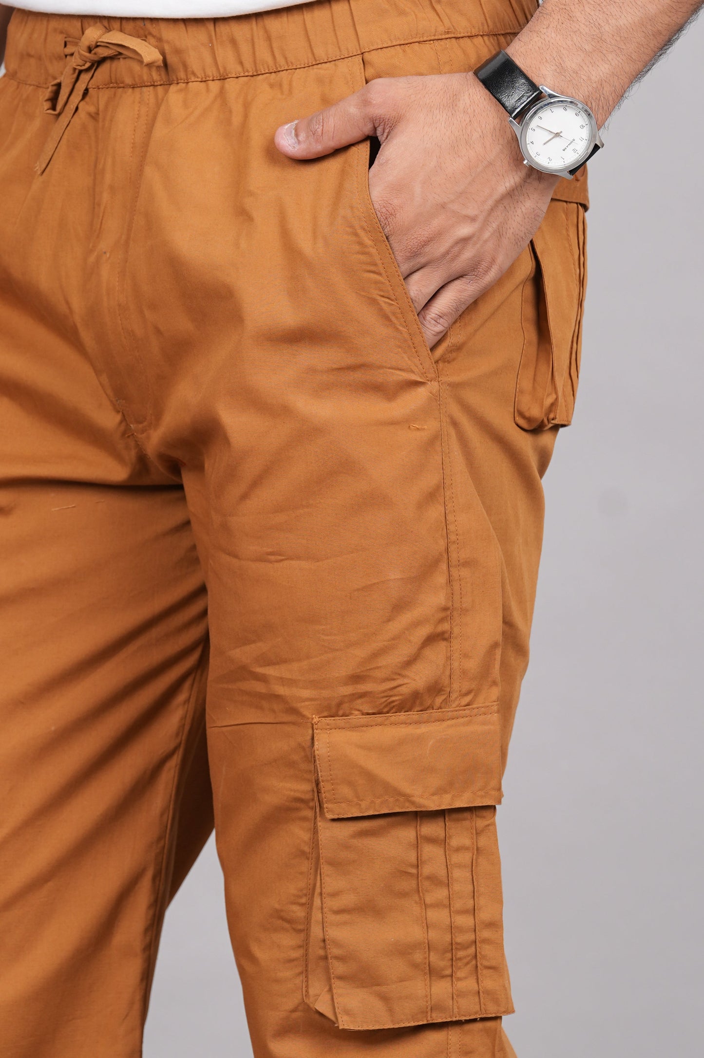 House of RP Men's Cotton Khaki Slim Fit Solid Cargos, Casual Trousers with Cargo Pockets | Swadesiicart
