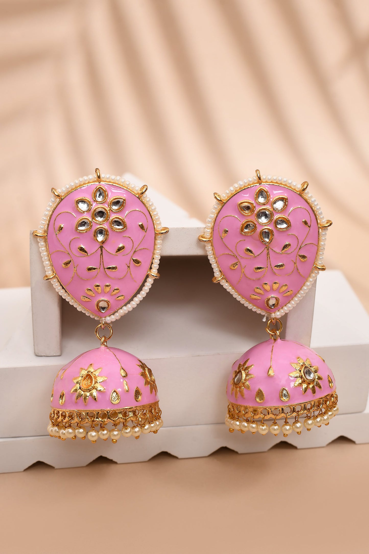 Sky Light Pink Jhumka Earrings for Womens for Ethnic Party by House of Ree | Swadesiicart