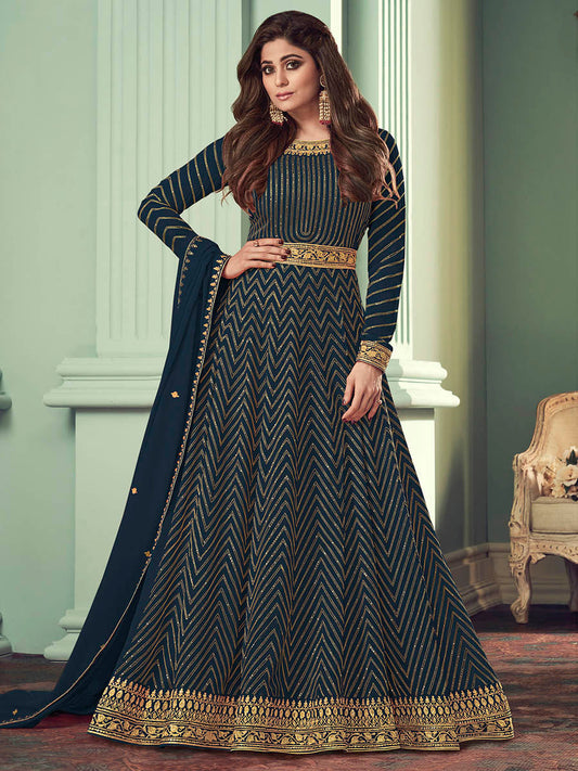 Myra Teal Real Georgette Embroidered Anarkali Suit | Swadesiicart