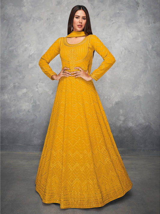 Myra Mustard Yellow Georgette Embroidered Anarkali Suit | Swadesiicart