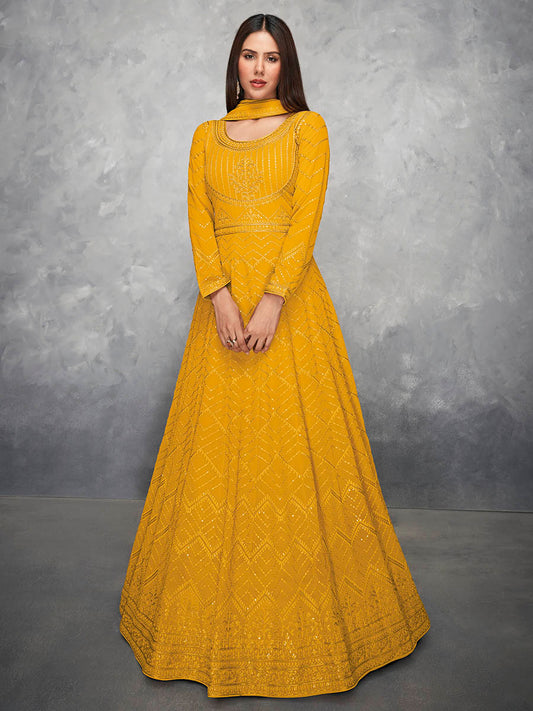 Myra Mustard Yellow Georgette Embroidered Anarkali Suit | Swadesiicart
