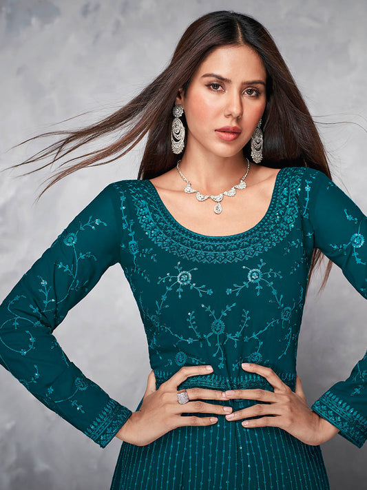 Myra Beautiful Teal Georgette Embroidered Anarkali Suit | Swadesiicart