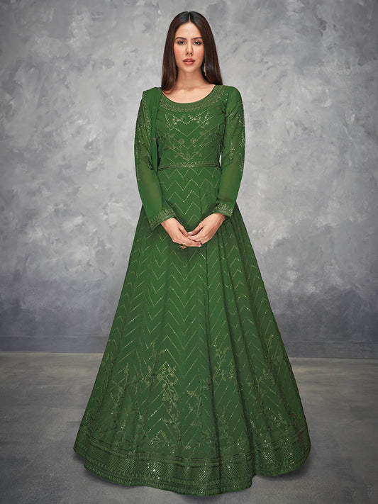 Myra Beautiful Green Georgette Embroidered Anarkali Suit | Swadesiicart