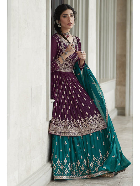 Myra Violet and Firozi Georgette Skirt Style Embroidered Suit | Swadesiicart