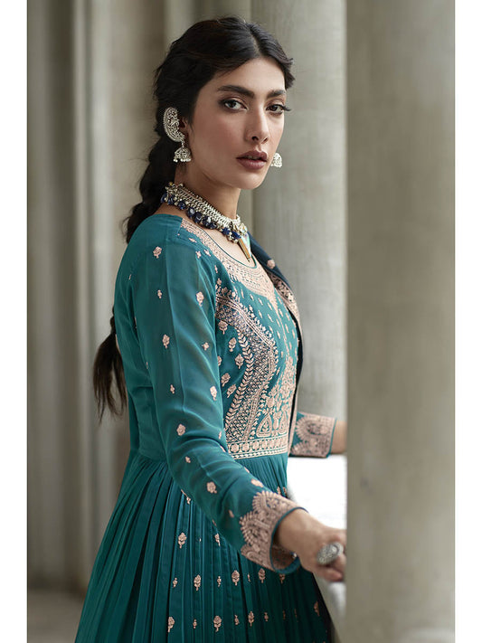 Myra Navy and Firozi Georgette Skirt Style Embroidered Suit | Swadesiicart