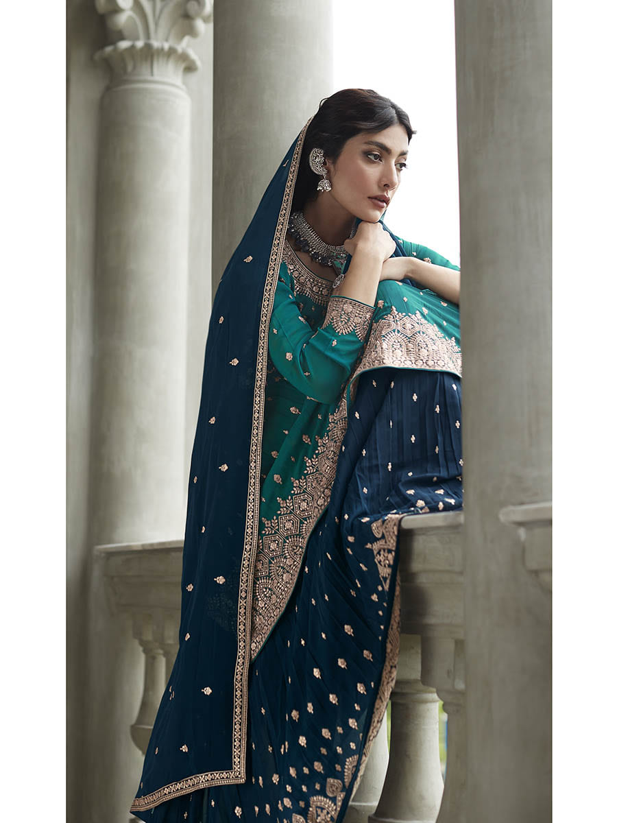 Myra Navy and Firozi Georgette Skirt Style Embroidered Suit | Swadesiicart