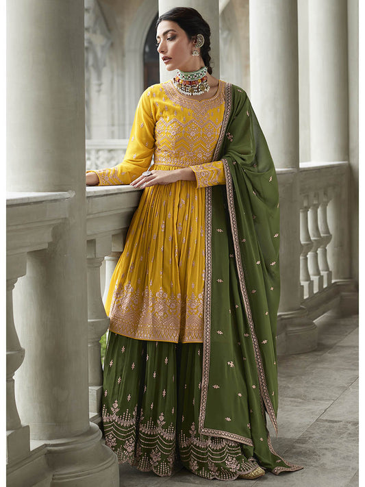 Myra Mehendi and Mustard Yellow Georgette Skirt Style Embroidered Suit | Swadesiicart