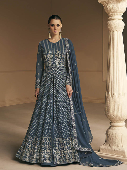 Myra Grey Georgette Embroidered Designer Suit | Swadesiicart