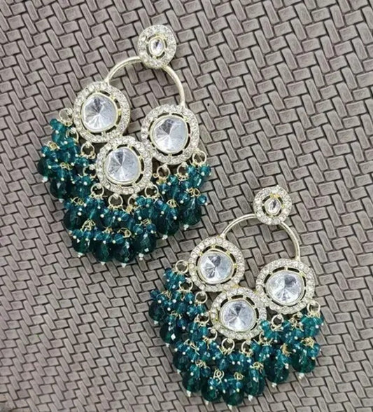 Jewel City Luxurious Polki Diamond and Rama Green Chandelier Earrings | Swadesiicart