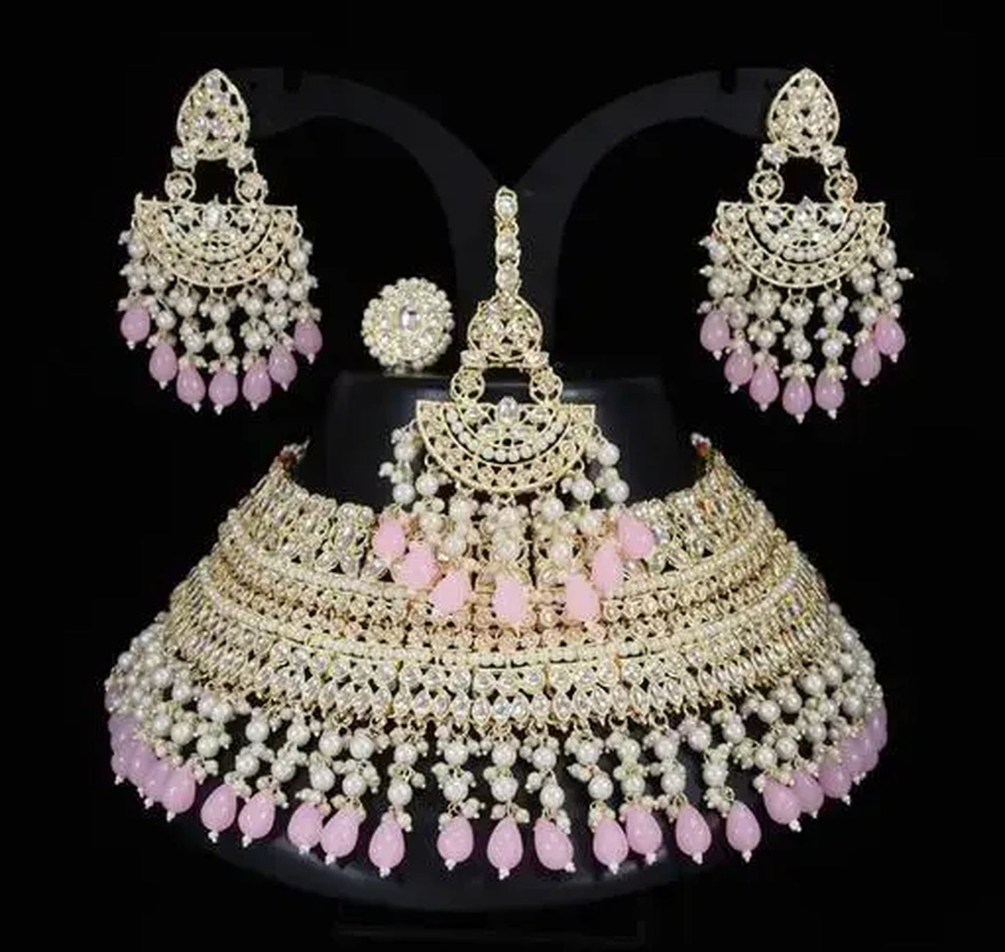 Jewel City Opulent Bridal Kundan Choker Set with Pink Beads and Matching Earrings & Maang Tikka | Swadesiicart
