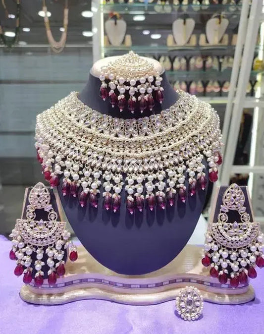 Jewel City Opulent Bridal Kundan Choker Set with Wine Beads and Matching Earrings & Maang Tikka | Swadesiicart