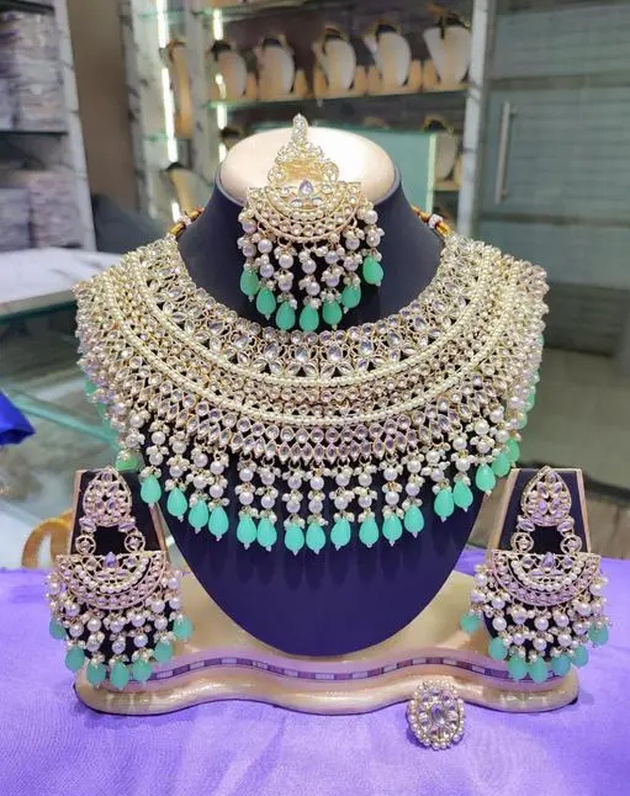 Jewel City Opulent Bridal Kundan Choker Set with Mint Beads and Matching Earrings & Maang Tikka | Swadesiicart