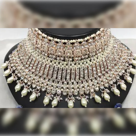 Jewel City Exquisite Crystal and Pearl Bridal Choker Set with Matching Earrings and Tikka | Swadesiicart