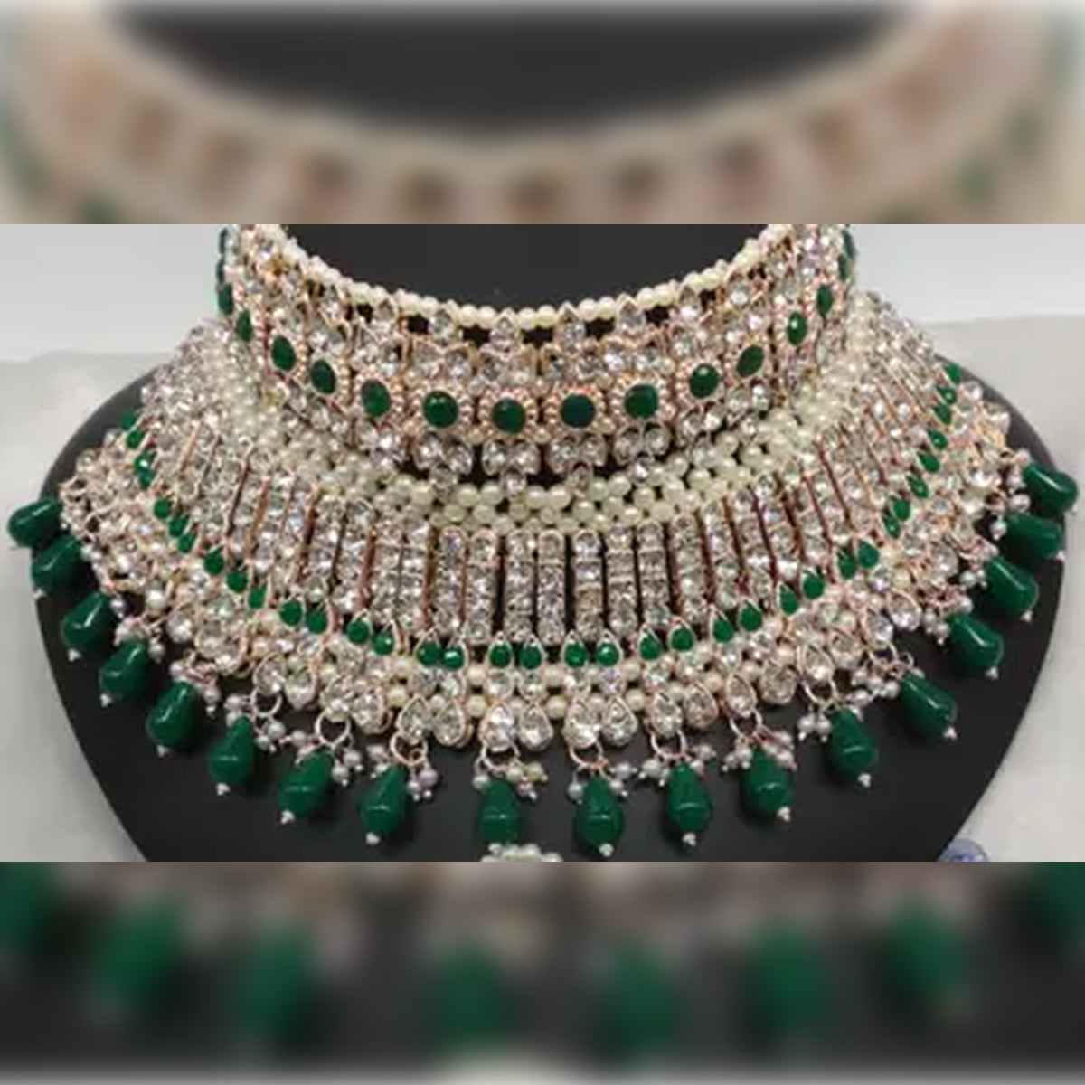 Jewel City Exquisite Crystal and Pearl Bridal Choker Set with Matching Earrings and Tikka | Swadesiicart
