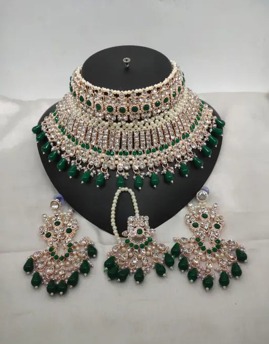 Jewel City Exquisite Crystal and Pearl Bridal Choker Set with Matching Earrings and Tikka | Swadesiicart