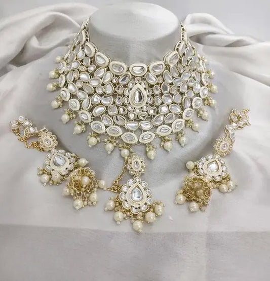Jewel City Royal Kundan Choker Set with White Beads - Traditional Indian Wedding Jewelry Set with Earrings and Tikka | Swadesiicart