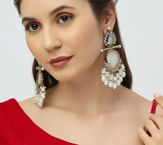 Jewel City Elegant Pearl and Crystal Chandelier Earrings - Luxurious Statement Jewelry | Swadesiicart