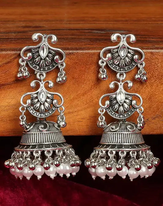 Jewel City Vintage Oxidized Silver Jhumka Earrings with Pearl and Red Bead Accents | Swadesiicart