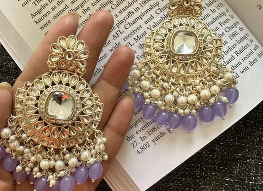 Jewel City Exquisite Kundan-Inspired Chandelier Earrings with Pearl and Purple Accents | Swadesiicart