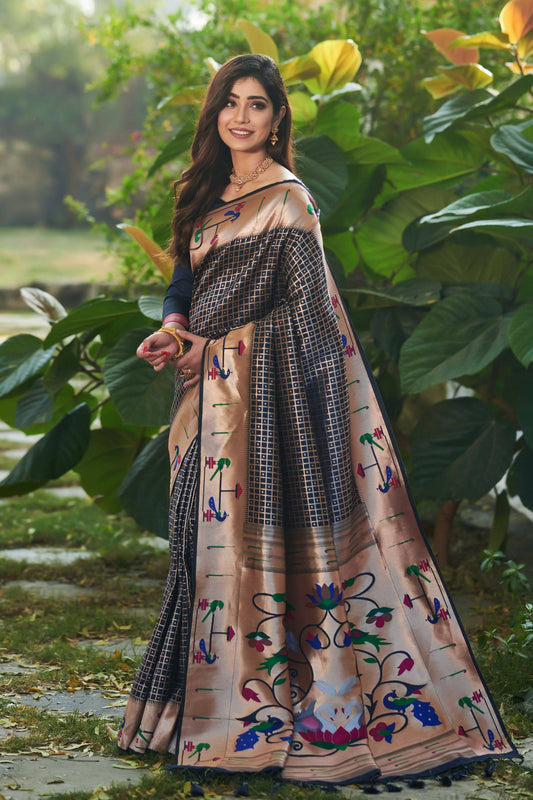 Vishnu Weaves Women's Navy Blue Paithani Silk Minakari Zari Woven Saree with Unstitched Blouse - Swadesiicart