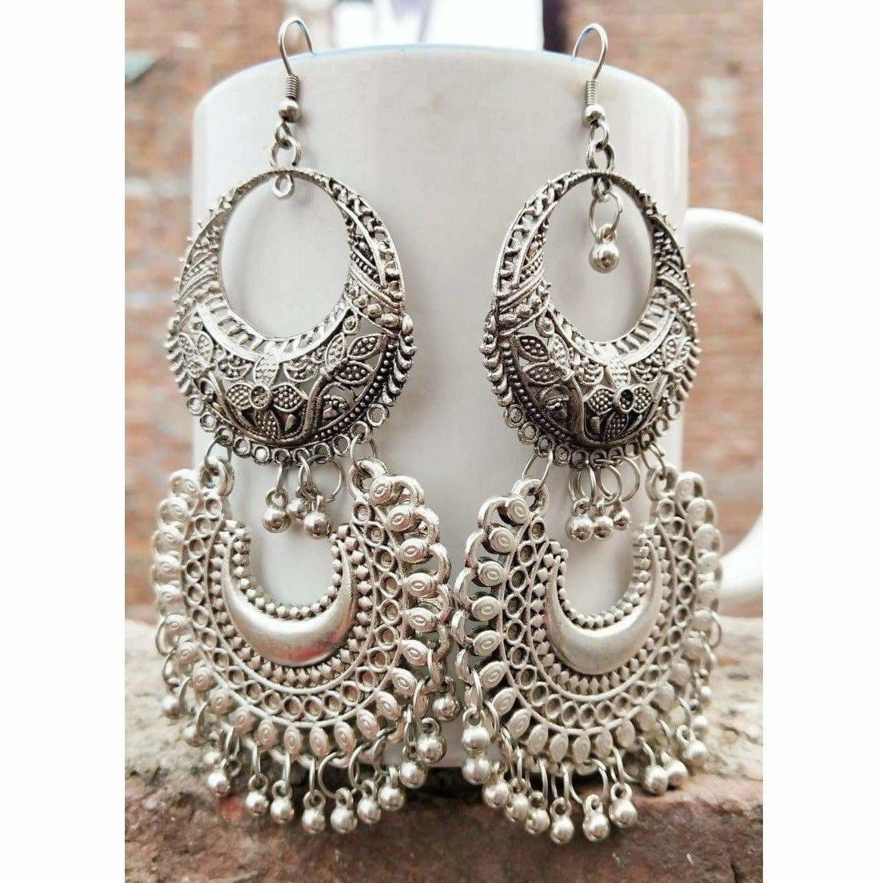 MS Fashion India Double Design And Chandbali Hangings Step By Step With Silver Drops Earrings | Swadesiicart