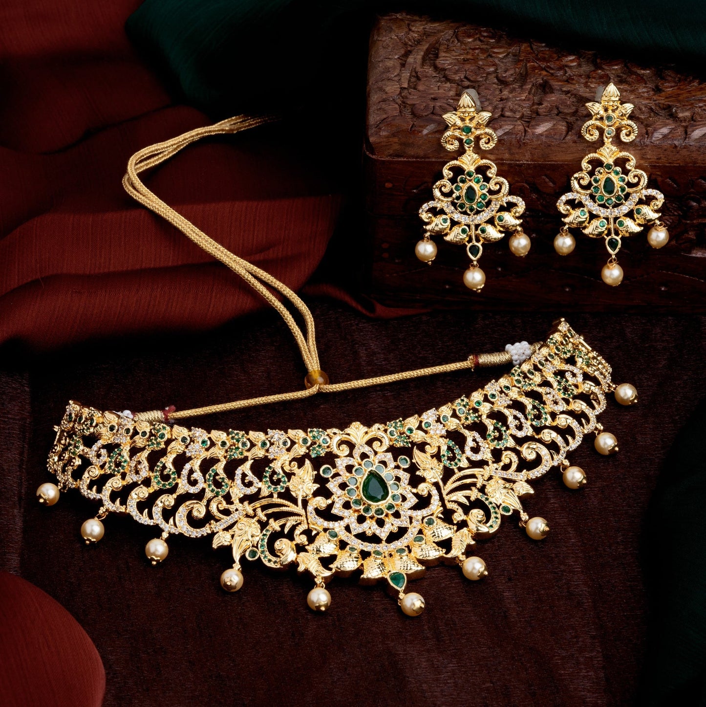 Estele Gold-Polished CZ Magnificent Bridal Choker Necklace Set with Green Stones & Pearls for Women - Swadesiicart