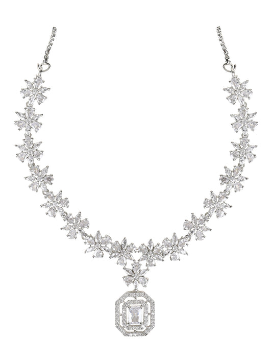Stylish Silver Plated Cubic Zirconia American Diamond CZ AD Necklace Jewellery Set For Women & Girls - Wahe Jewels - Swadesiicart