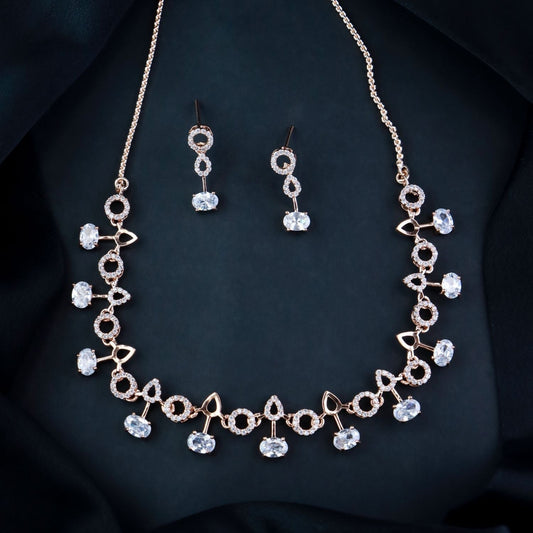 Stylish Rose Gold-Polished Cubic Zirconia American Diamond CZ AD Necklace Jewellery Set For Women & Girls - Wahe Jewels - Swadesiicart