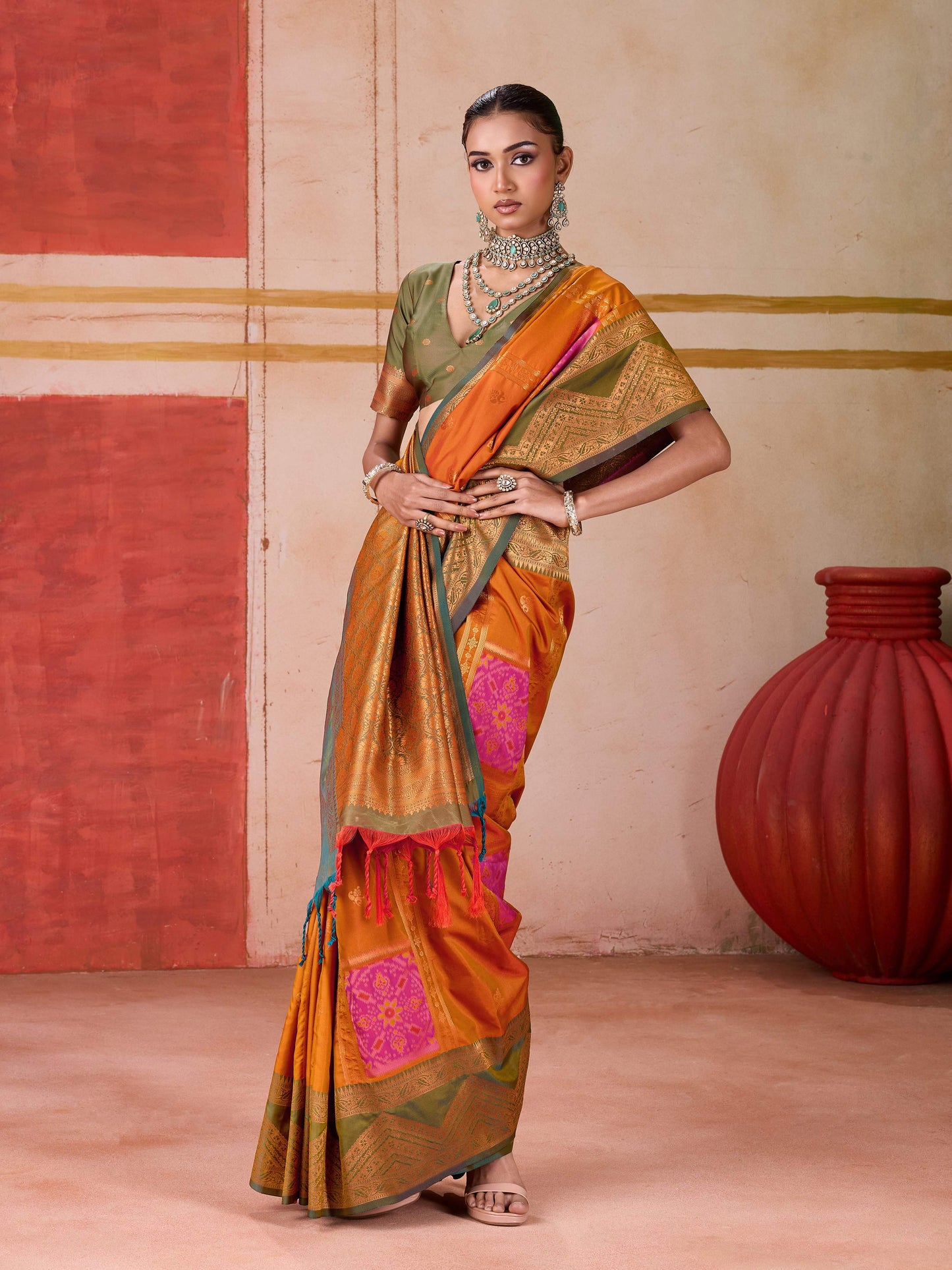 Aastha Fashion Orange Pure Silk Handloom Weaving Saree