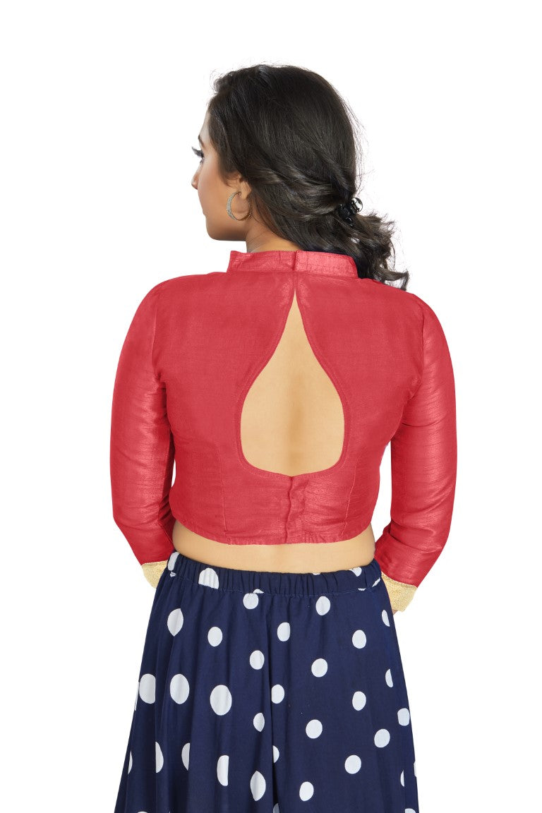 Aastha Fashion Gajri Art Silk V Neck Chinese Collar Matty In Sleeve Readymade Blouse