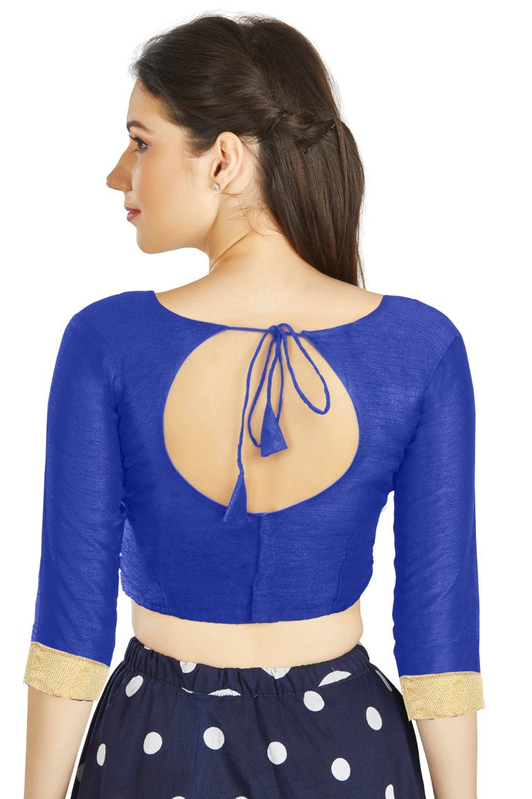 Aastha Fashion Royal Blue Art Silk Sweet Heart Neck style Matty in Sleeves Readymade Blouse