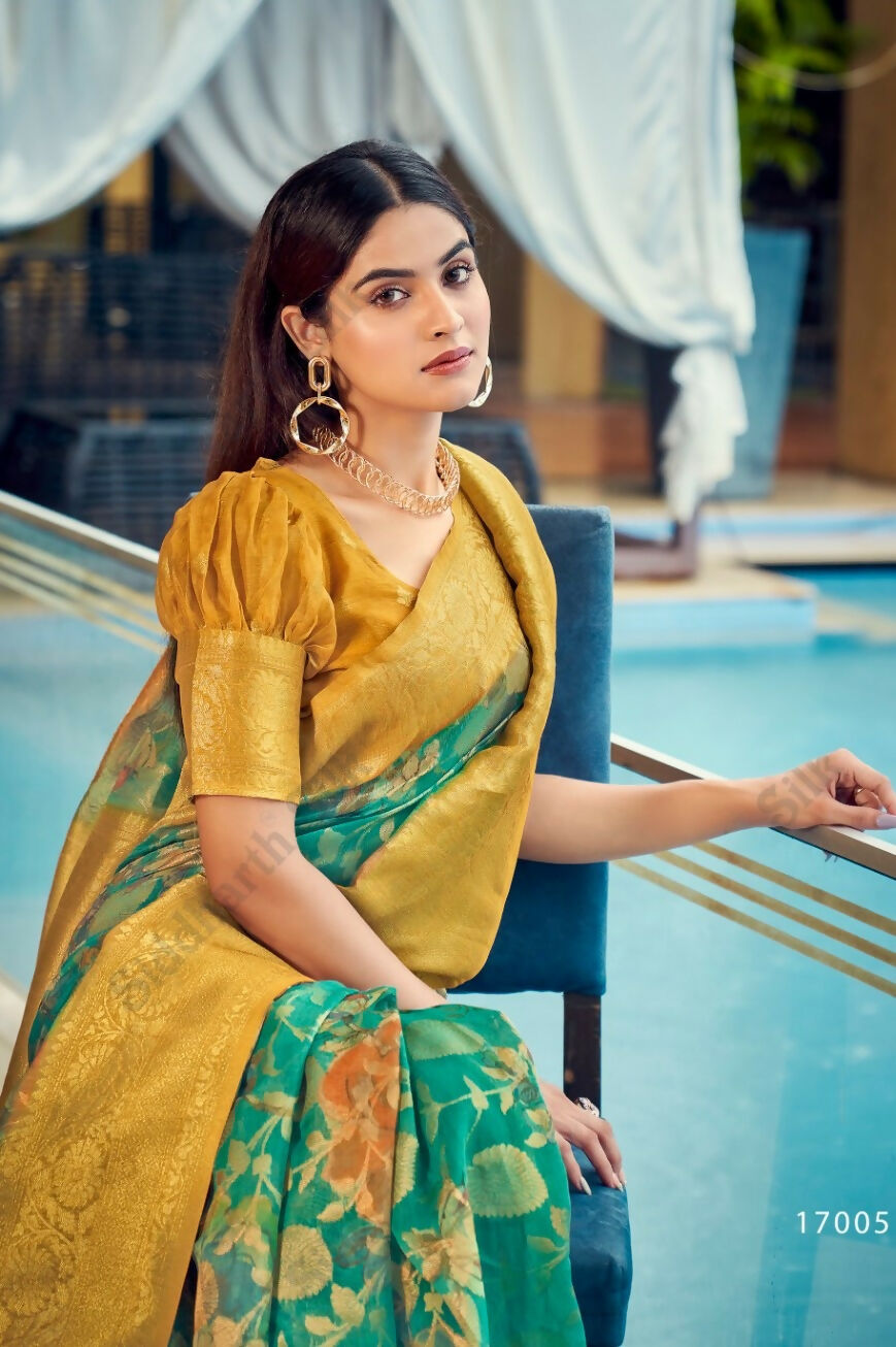 Exclusive Collection Wedding Green Golden Collection Banarasi Silk Saree With Rich Pallu - Swadesiicart