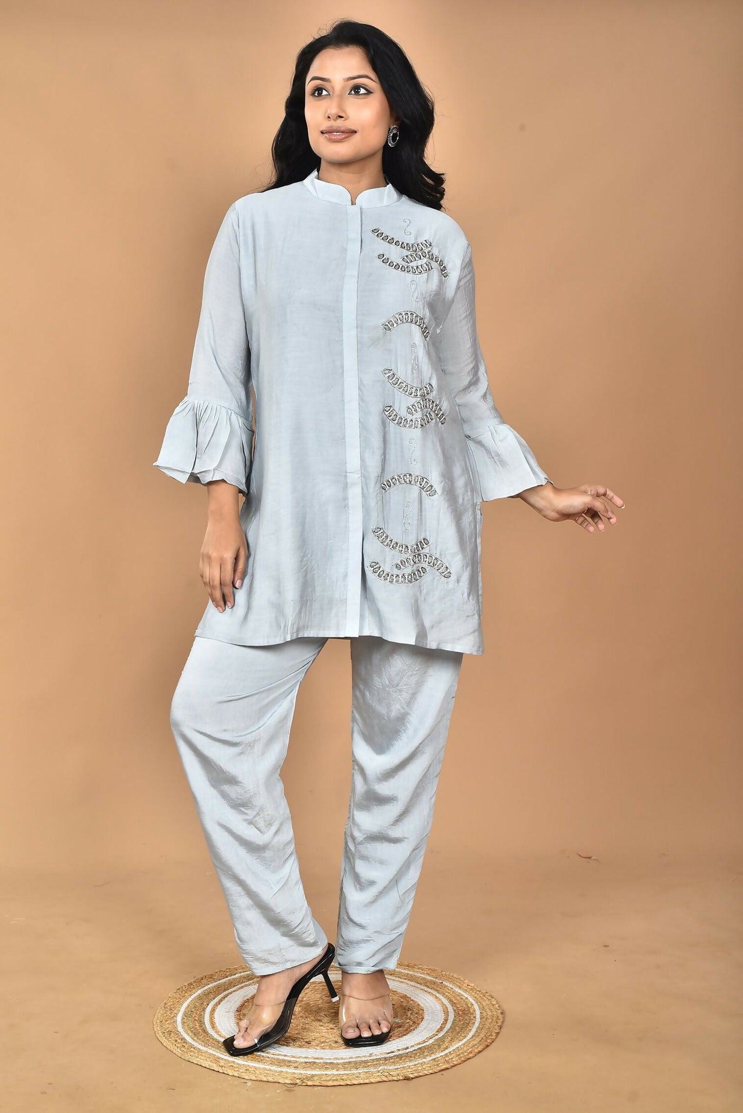 Morchari Women Hand Embroidery Co-Ords-Grey - Swadesiicart