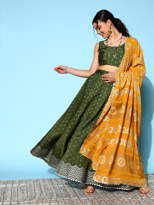 Ahalyaa Olive Green & Silver-Toned Printed Ready to Wear Lehenga & Blouse With Dupatta | Swadesiicart