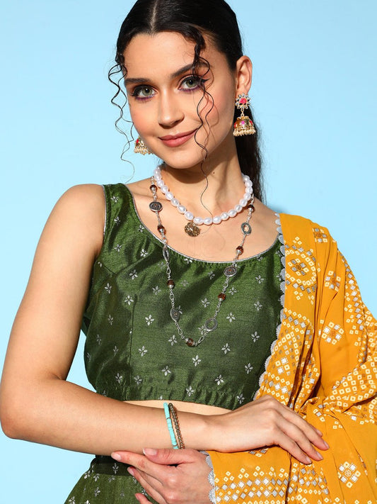 Ahalyaa Olive Green & Silver-Toned Printed Ready to Wear Lehenga & Blouse With Dupatta | Swadesiicart