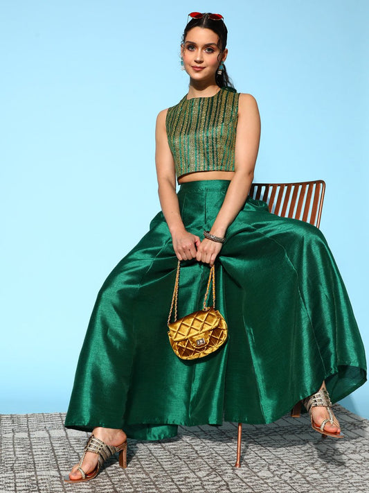 Ahalyaa Women Green & Gold-Toned Printed Co-ords - Swadesiicart