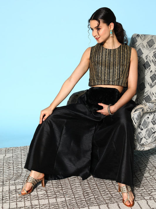 Ahalyaa Women Black & Gold-Toned Printed Co-ords - Swadesiicart