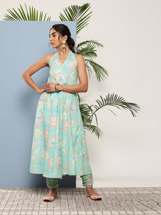 Ahalyaa Women Blue Floral Printed Gotta Patti Kurta with Churidar | Swadesiicart