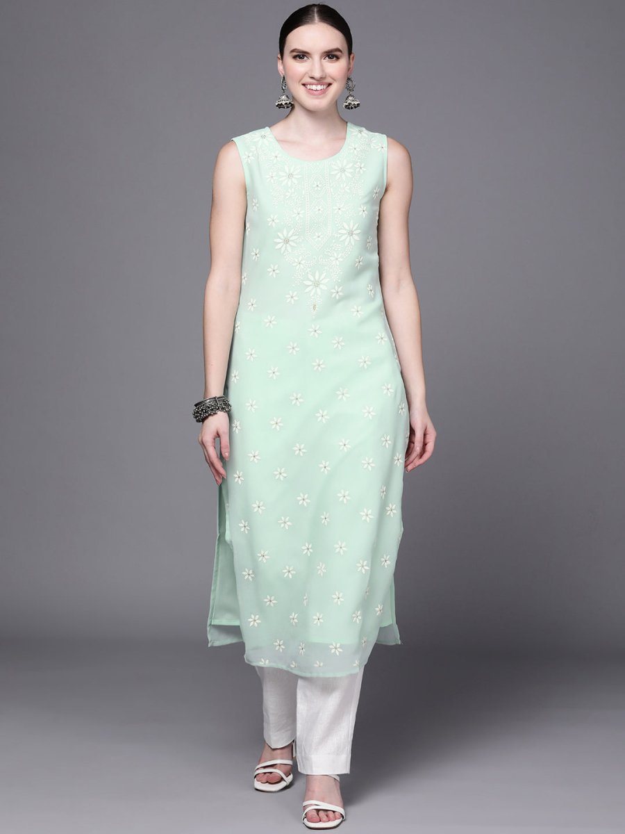 Ahalyaa Women Sea Green Floral Printed Georgette Kurta | Swadesiicart