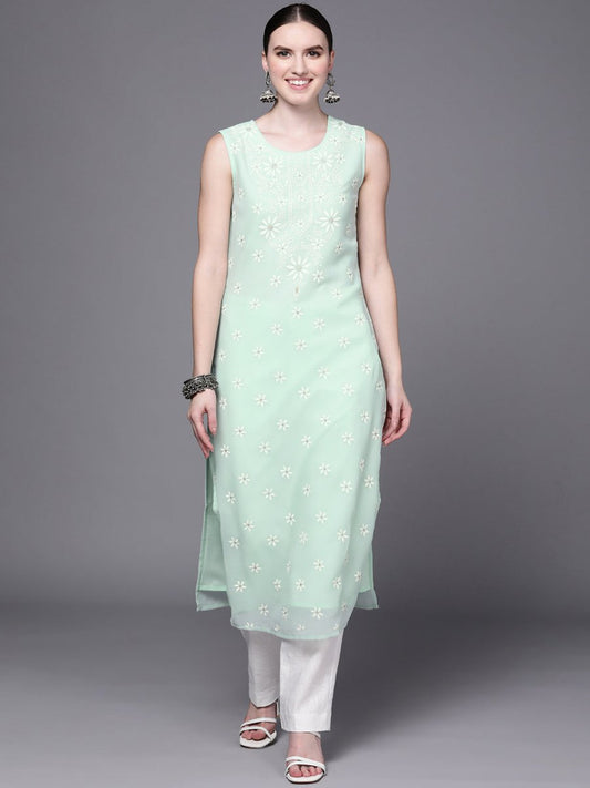Ahalyaa Women Sea Green Floral Printed Georgette Kurta | Swadesiicart