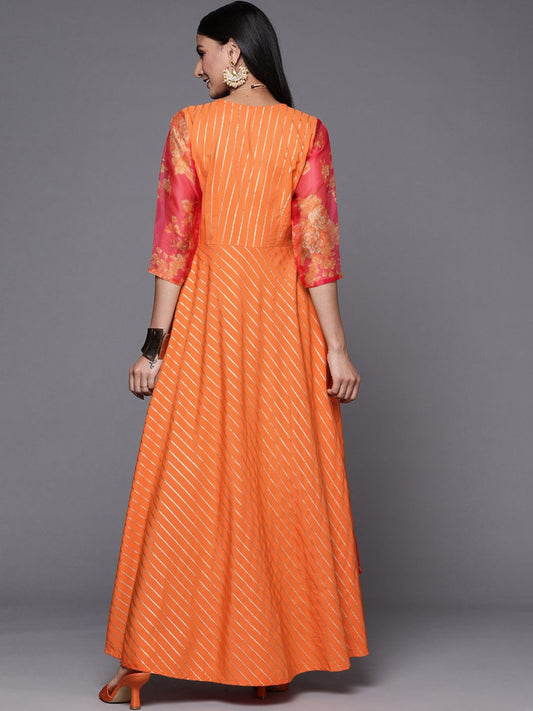 Ahalyaa Orange Striped Ethnic Maxi Dress | Swadesiicart