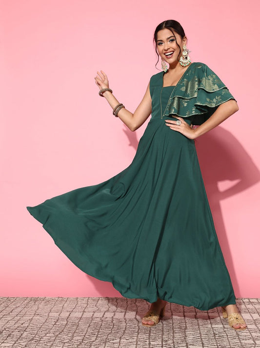 Ahalyaa Gorgeous Green Ethnic Motifs Ruffled Dress | Swadesiicart