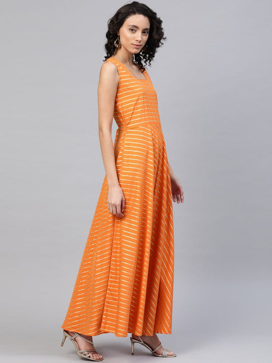 Ahalyaa Orange & Sea Green Striped Maxi Dress with Ethnic Jacket | Swadesiicart