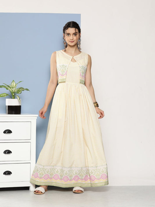 Ahalyaa Women Checked Maxi Ethnic Dress | Swadesiicart