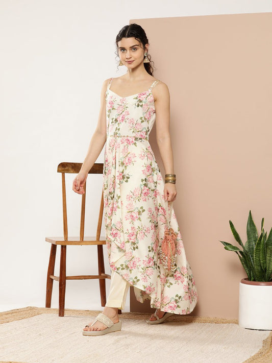 Ahalyaa Women Floral Printed Empire Gotta Patti Kurta With Trousers | Swadesiicart